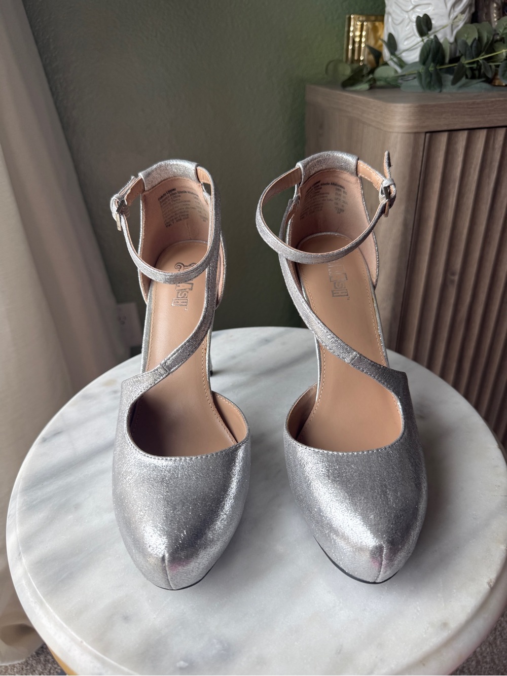 Brash Silver Metallic Ankle-Strap Heels